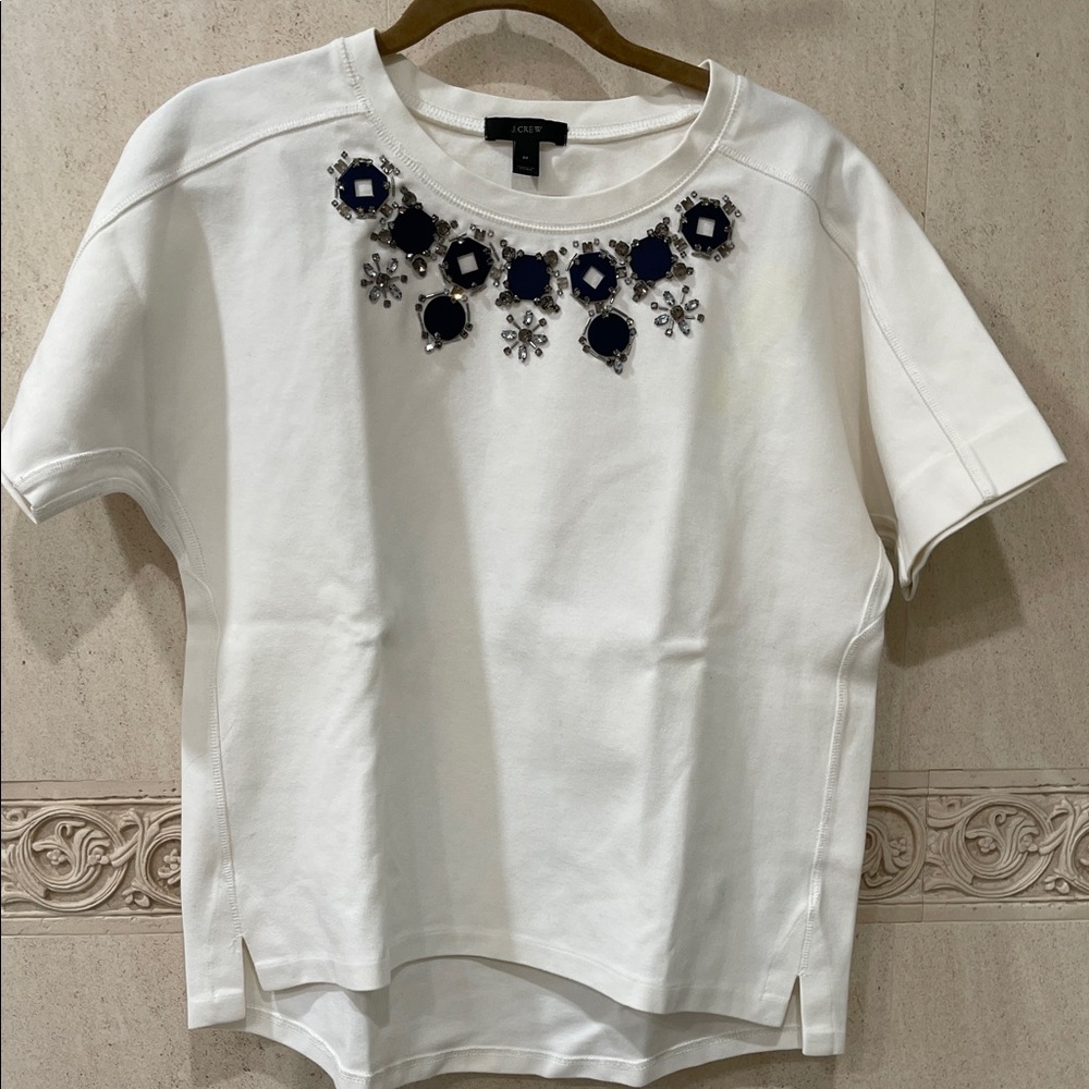 J. Crew White Top with Navy Embellishments
